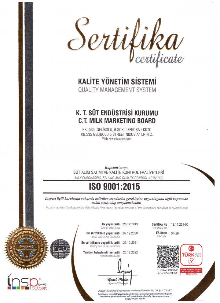 SÜTEK, KALİTE YÖNETİM SİSTEMİ ISO 9001: 2015 SERTİFİKASINI YENİLEDİ